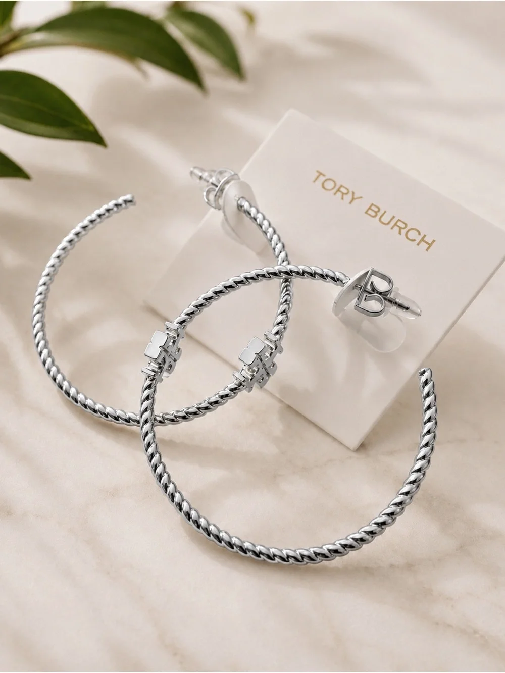 Tory Burch Silver Tone Twisted Hoop Earrings Logo Butterfly Back